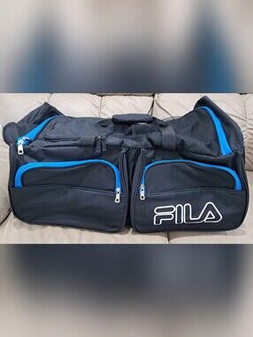 Fila 7 Pocket Large Rolling Duffel Bag, Black/Blue 30" EUC